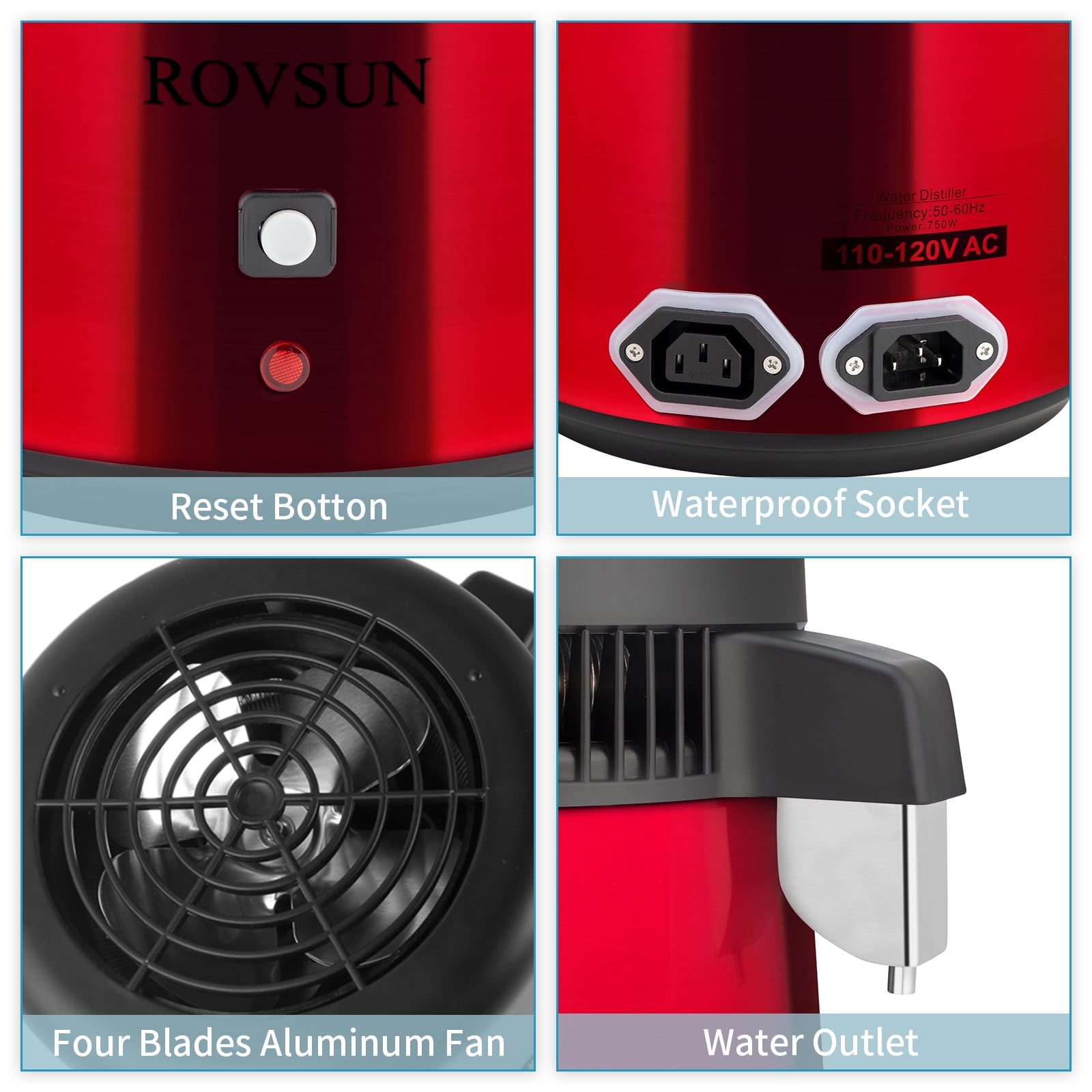 RovSun 4L 750W Water Distiller with Auto Shut-Off, Red