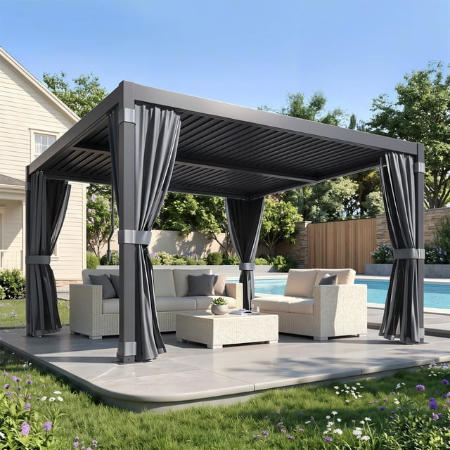 MELLCOM Pergola à Persiennes 10x10, Pergola en Aluminium avec Toits à Persiennes Réglables, Pavillon Extérieur avec Rideaux et Moustiquaires Imperméables, Noir