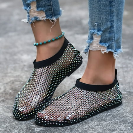 

Women s Rhinestone Mesh Flat Sandals Out Slip On Shoes Summer Outdoor Sandals