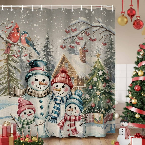 Christmas Snowman Shower Curtain, Winter Vintage Xmas Tree Cardinal Waterproof Fabric Shower Curtains with 12 Hooks, Bathroom Curtain Set for Bathroom Accessories Decor, 72 x 72 Inches