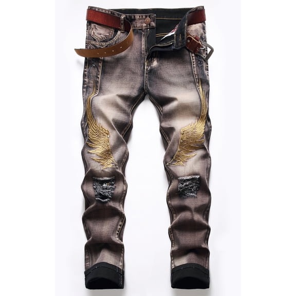 LZLER Mens Jeans Ripped Distressed Slim Embroidery Denim Jean Pants