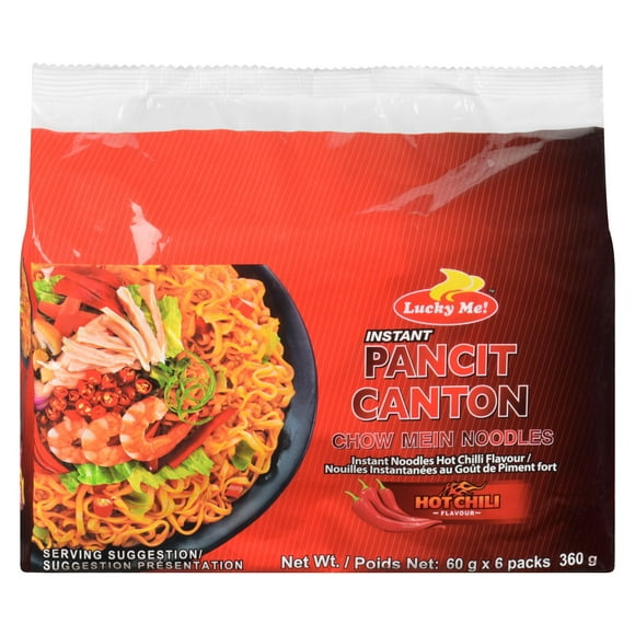 Lucky Me! Instant Pancit Canton Chow Mein Noodles Hot Chili Flavour 6 Packs, 6 x 60 g
