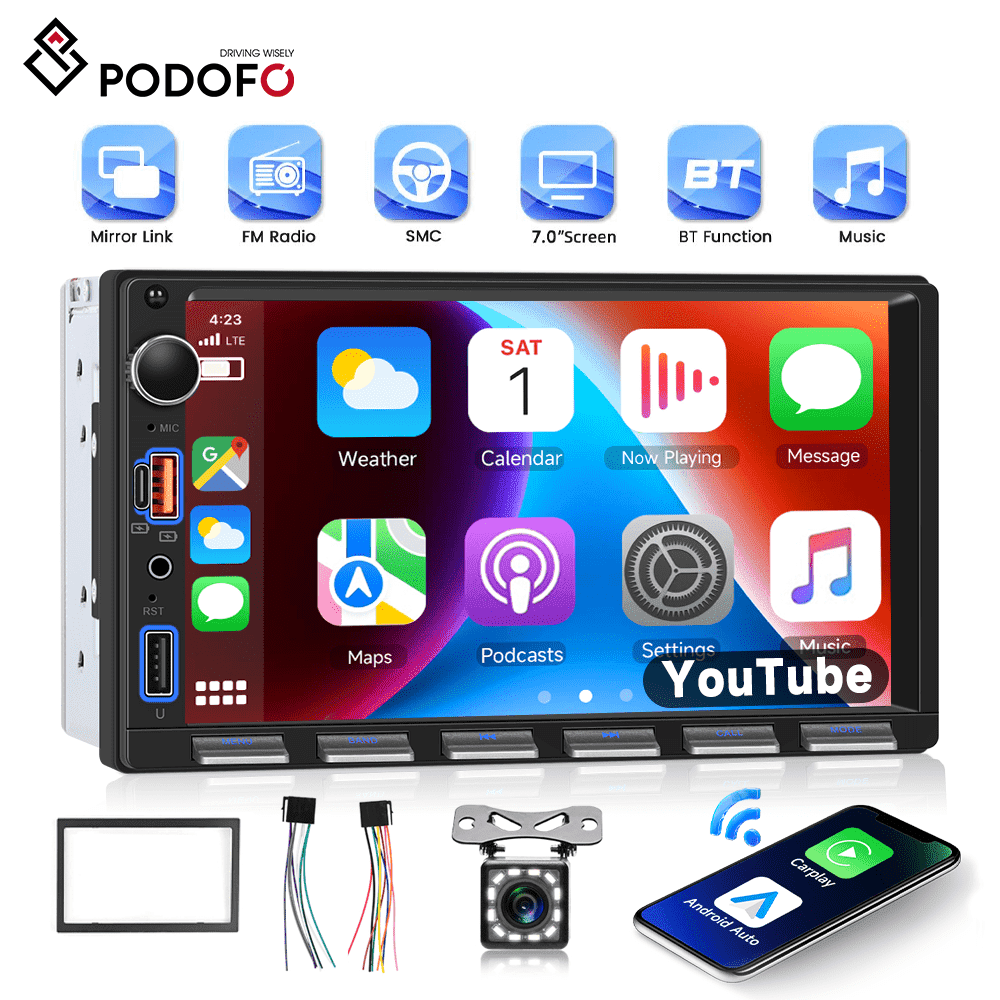 Podofo 7 Inch Double Din Car Stereo with Wireless Carplay/Anroid Auto Bluetooth, SWC, Dual USB+Type-C Charging +HD Backup Camera