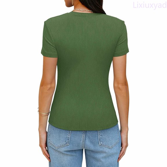 Lixiuxyad Casual Ribbed Knit Slim Fit Short Sleeve T Shirt Basic Solid Color Crew Neck Tee Top For Daily Wear Loose Basic Tee Shirt,Green L
