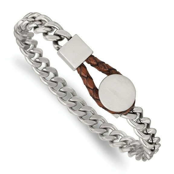 Primal Steel Stainless Steel Brushed and Polished Curb Chain with Brown Leather Hook Bracelet