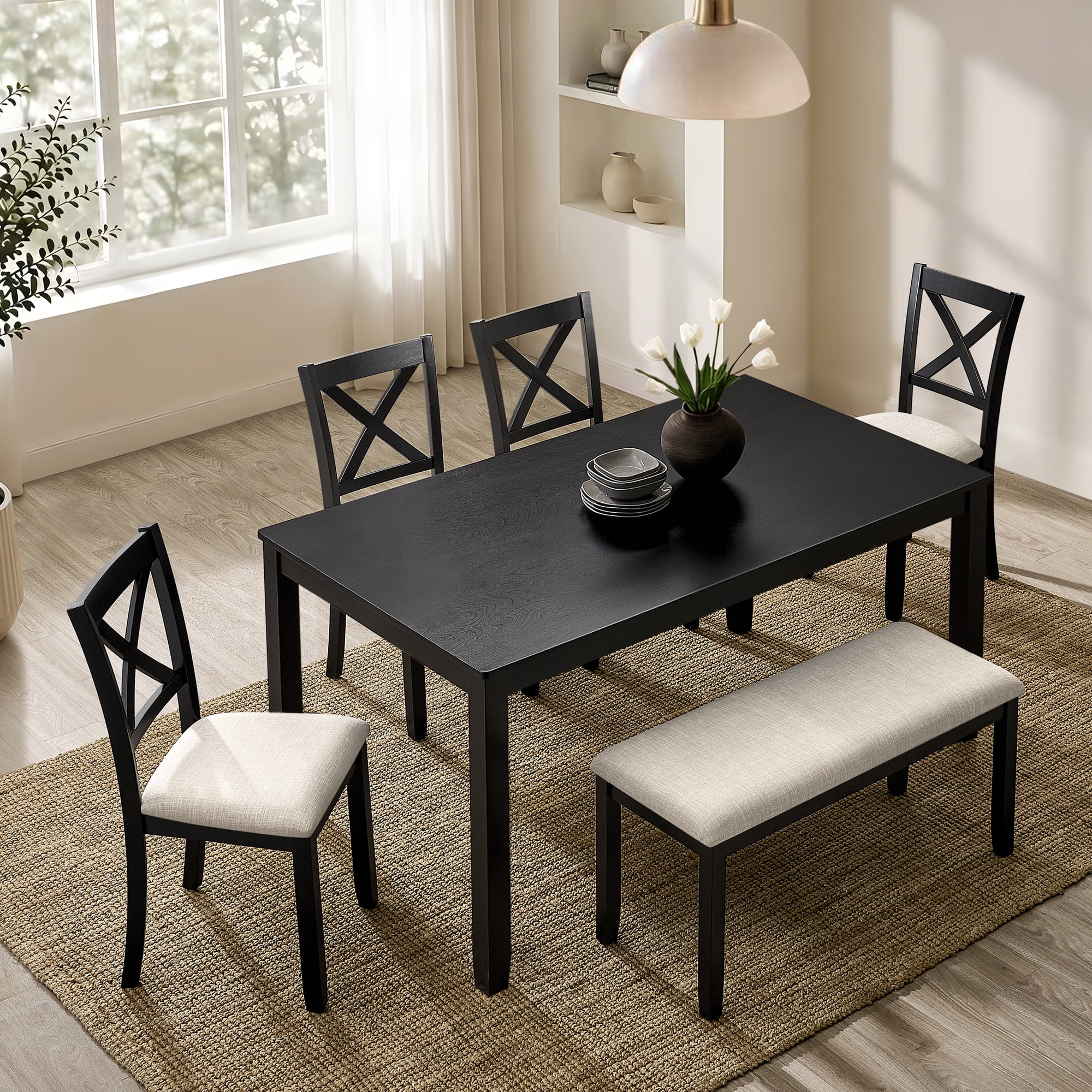 6-Piece Dining Table Set for 6, 58.5" Wood Rectangular Kitchen Table with 4 Chairs & Bench