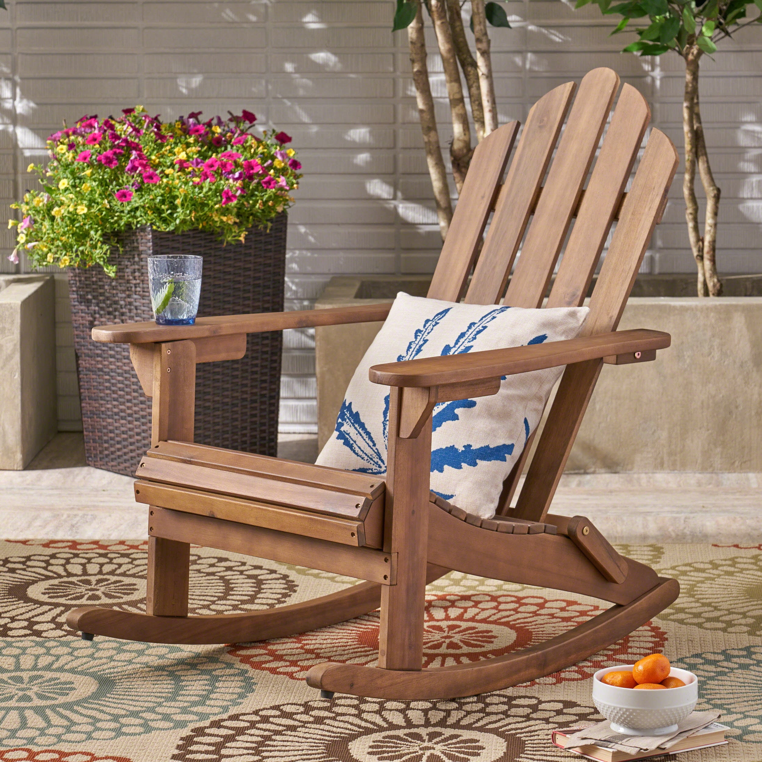 Outdoor Adirondack Rocking Chair, Solid Acacia Wood Swing Rest Seat for Patio Garden, Dark Brown