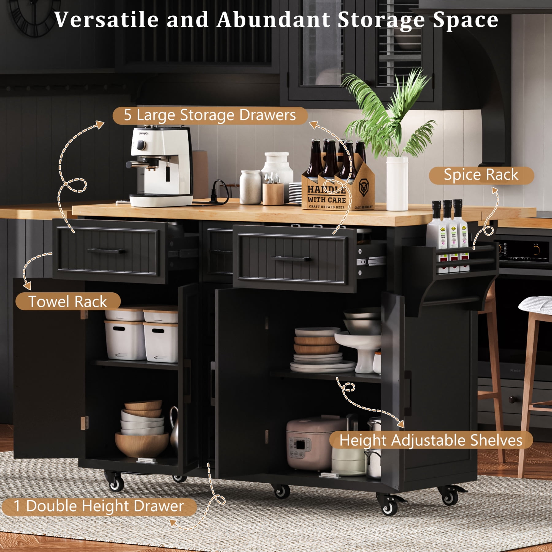 Harper & Bright Designs Kitchen Island with Drop Leaf, Rolling Kitchen Cart on Wheels with Doors, Drawers and Power Outlet for Dining Room, Black