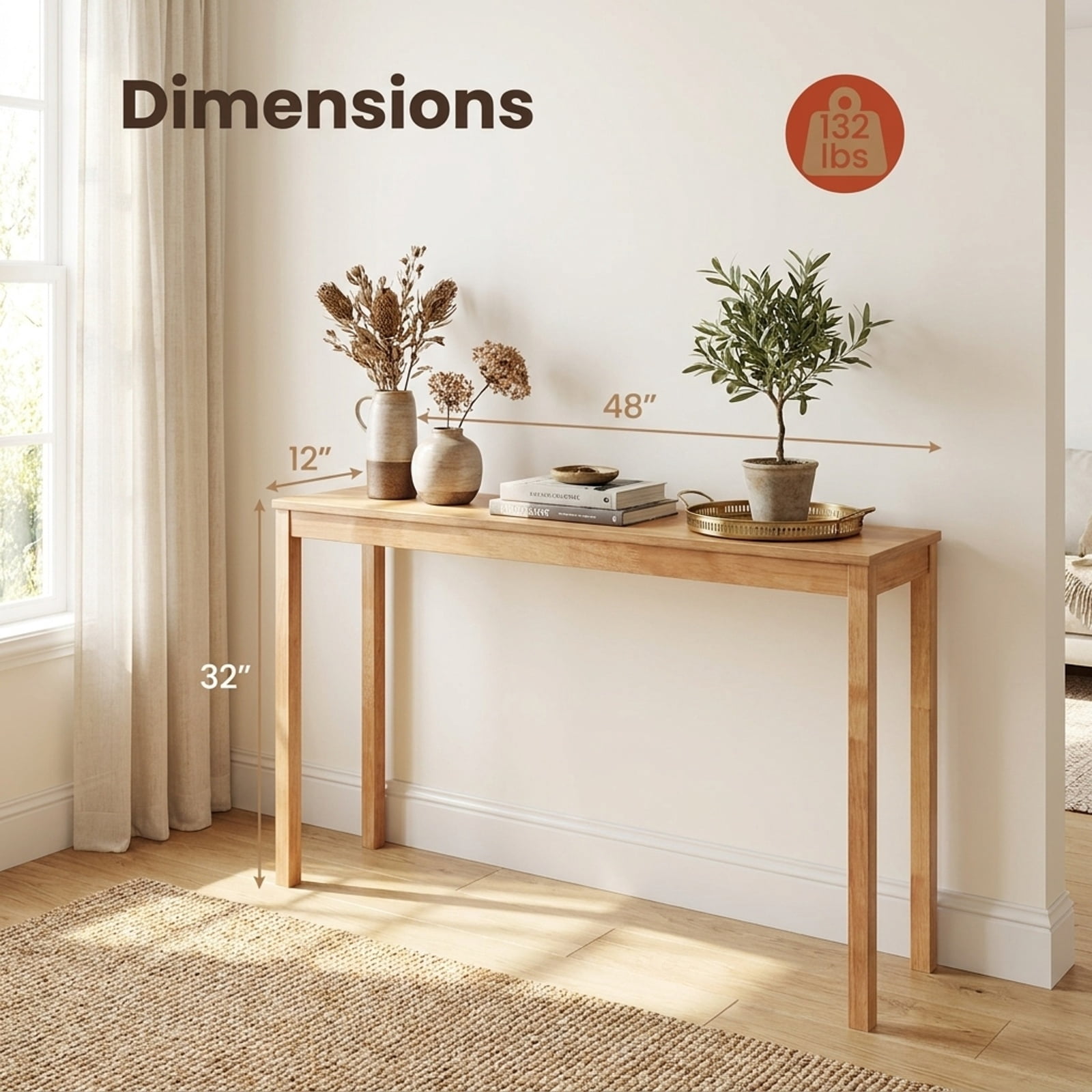 Furnibear Wooden Console Table Modern Farmhouse Narrow Sofa Table with Thickened Top for Entryway Hallway and Living Room, Natural