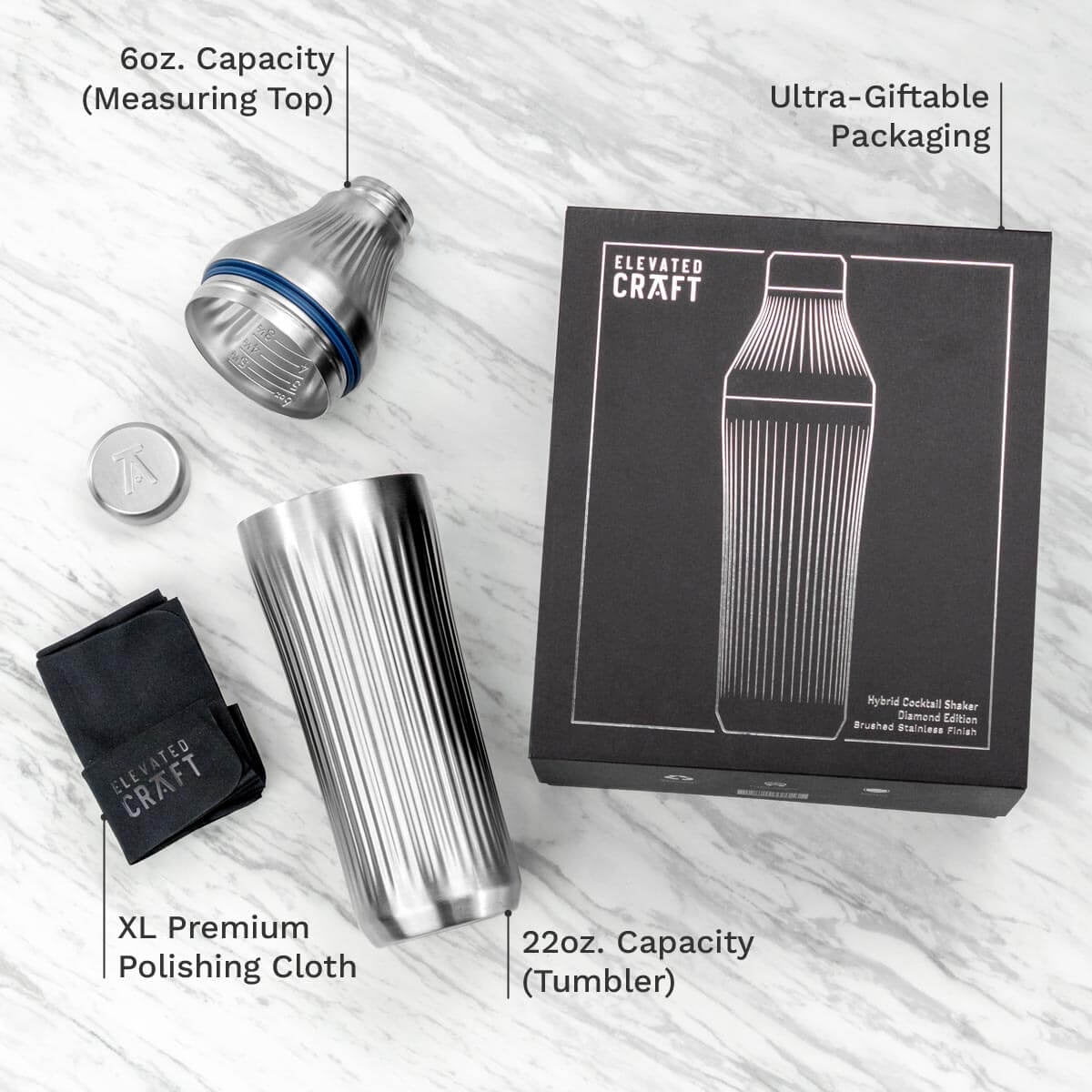Elevated Craft Diamond Edition Hybrid Cocktail Shaker Set - Premium Vacuum Insulated Stainless Steel, 28 oz, Includes Built-In Strainer, Precise Measuring Top & XL Polishing Cloth - Martini Shaker