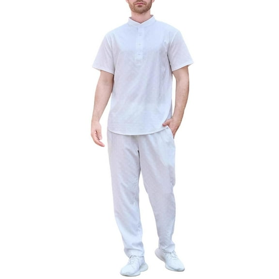 Jessboyy Men's Summer Beach Outfits 2 Piece Fitting Short Sleeve Henley Shirts and Pants Sets Textured Solid Color Vacation Going Out Outfits White,M