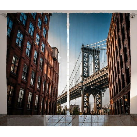 Nyc Decor Curtains 2 Panels Set, Manhattan Bridge Seen From A Narrow Alley Island Borough Globally Influential Town Nyc Photo, Living Room Bedroom Accessories, By
