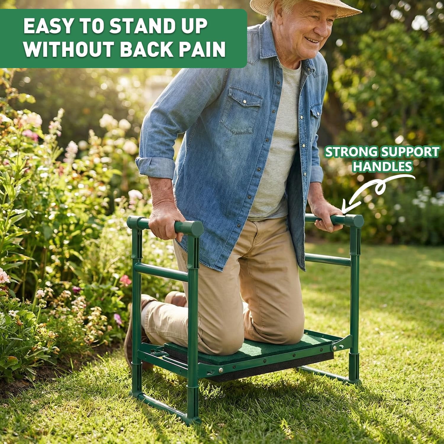 Garden Kneeler and Seat for Seniors – Heavy Duty Anti-Tip Gardening Stool with Widened Thick Soft Kneeling Pad, Foldable Garden Bench with Sturdy Handles, Gardening Gifts for Women Men Mom (Green)