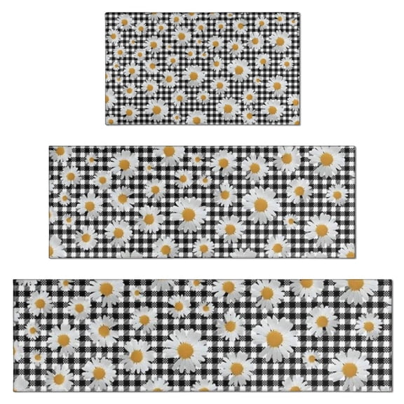 Black Daisy Flower Checkered Pattern Kitchen Rugs Sets Of 3,Kitchen Runner Rugs Non Skid Washable,Decorative Kitchen Floor Mats for Kitchen,Sink,Laundry,17"x30" 17"x47" 17"x59"
