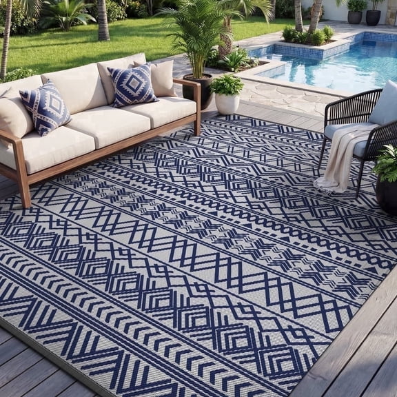 SIXHOME Outdoor Rug 6'x9' Waterproof Reversible Patio Rug Boho Geometric Indoor Outdoor Rugs Lightweight Plastic Straw Ourdoor Carpet for RV Camping Deck Balcony Modern Porch Decor Blue and Gray