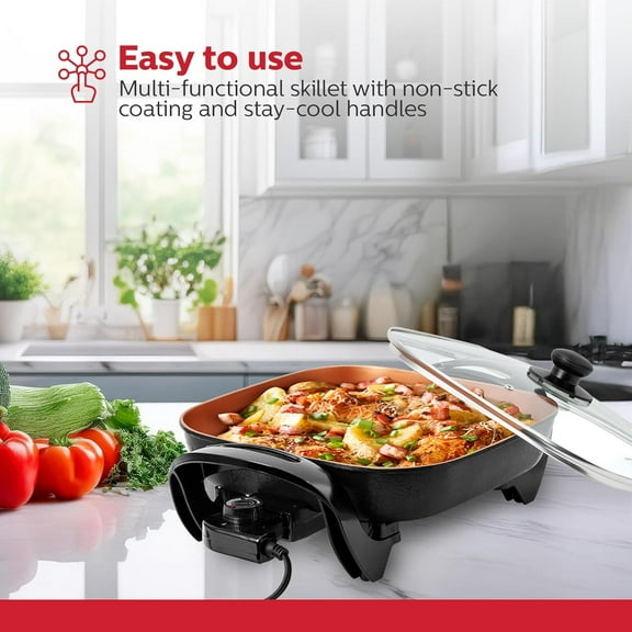 12-Inch Electric Skillet with Adjustable Temperature, PFOA- Non-Stick, Cool-Touch Handles, Multi-Function Cooker