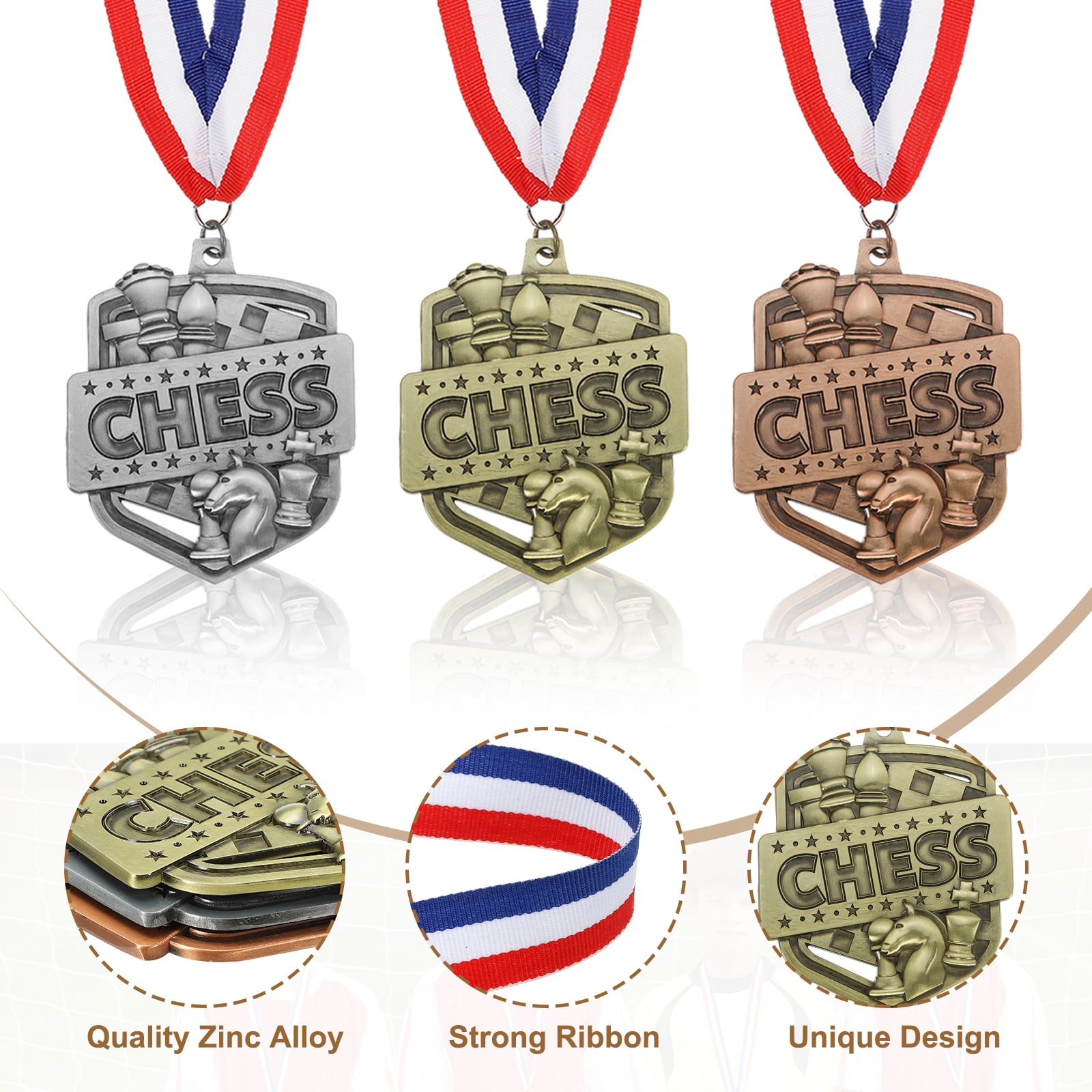 Uxcell Chess Tournament Gold Silver Bronze Award Medals with Red & White & Blue Ribbons, 9 Pcs Winner Medals Prizes for Competitions Sports Party, Gold/Silver/Red