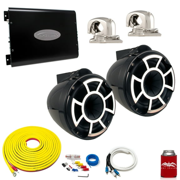 Wet Sounds REV8B-SC Black 8" Tower Speakers With Arc Audio KS-300.2 Amplifier with Wiring Kit