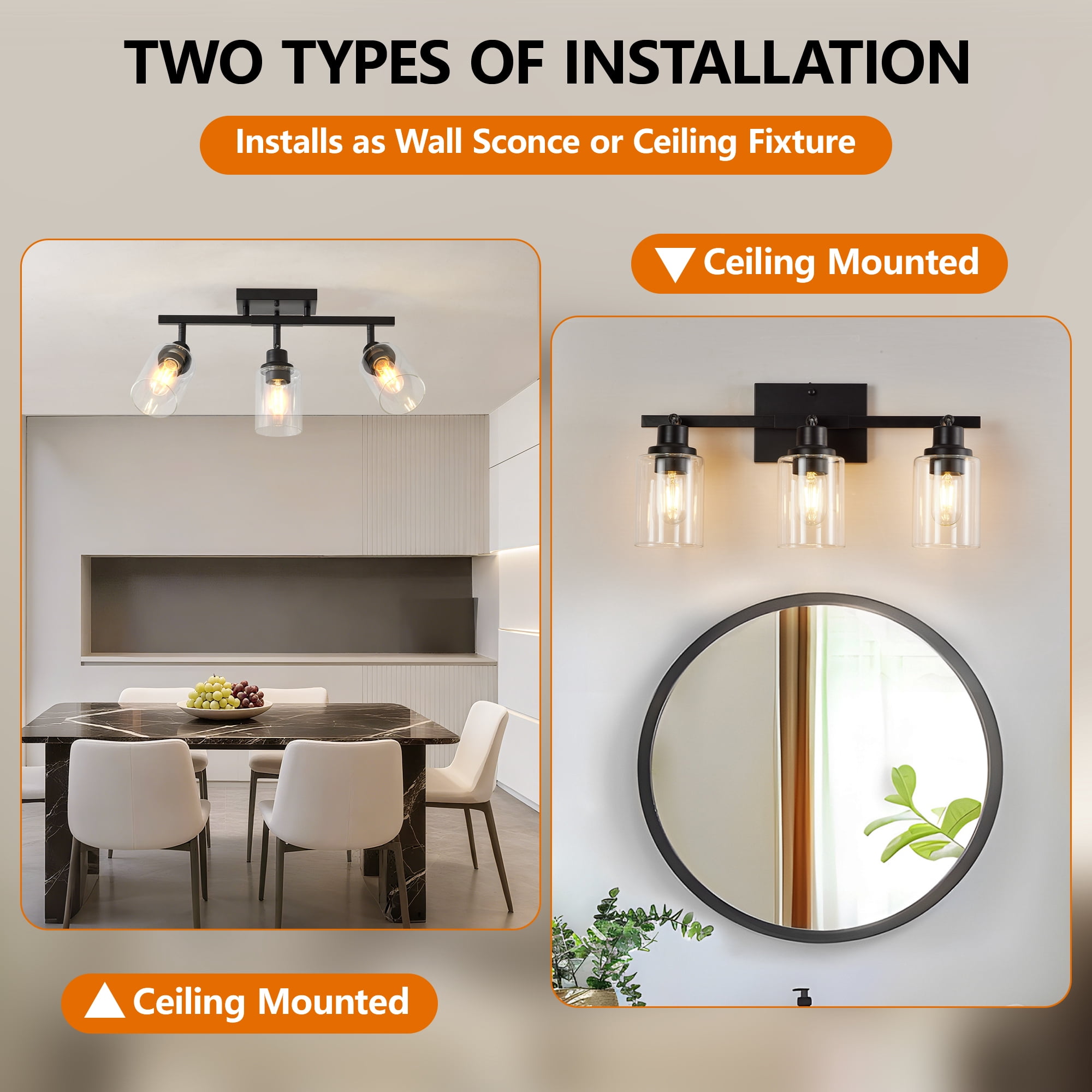 Leumius 3-Light Semi Flush Mount Ceiling Light, Adjustable Kitchen Light Fixtures Ceiling Mount with Clear Glass Shades, Rotatable Black Track Lighting Fixtures for Hallway, Foyer, Bedroom(No Bulbs)