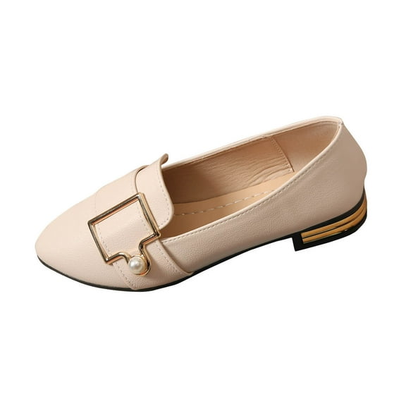 Womens Beige Loafers Slip On Shoes Pointed Toe Vegan Faux Leather with Gold Buckle & Pearl Low Block Heel Casual Work Flat Shoes,Size 42