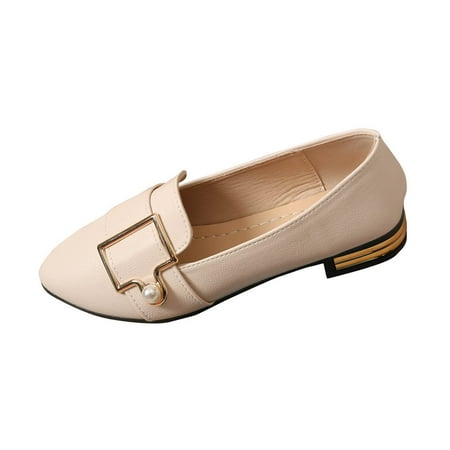 Womens Beige Loafers Slip On Shoes Pointed Toe Vegan Faux Leather with Gold Buckle & Pearl Low Block Heel Casual Work Flat Shoes,Size 42