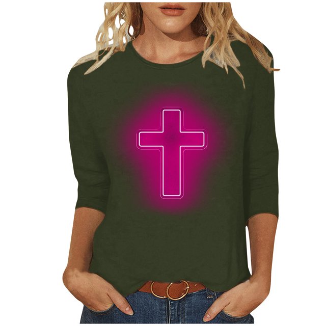RKSTN Hauts pour Femmes Tendance Mode Décontractée Crucifix Imprimé Col Rond T-Shirt Manches 3/4 Couleur Unie Coupe Ajustée Blouse de Printemps Été Hauts