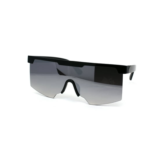 Futuristic Flat Top Half Rim Sport Mob Shield Sunglasses Black Silver Mirror