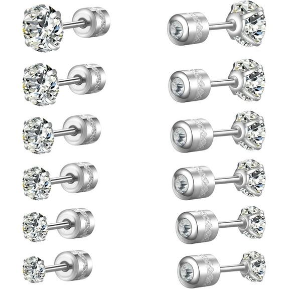 Titanium Surgical Steel Cubic Zirconia Screw Back Stud Earrings for Women Men Multipack Small Dainty Simulated Diamond CZ Studs Earring Set Hypoallergenic for Sensitive Ears Lobe Cartilage Helix