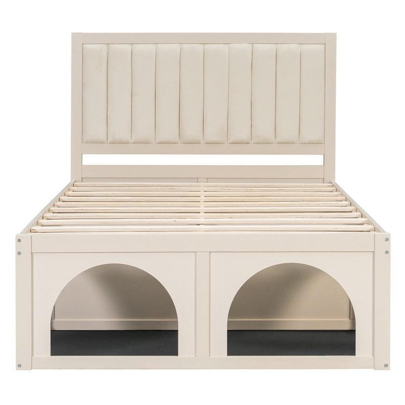 Full Size Pet-Friendly Platform Bed with Under-Bed Pet Nooks, Heavy Duty Wooden Storage Bed Frame with Padded Headboard