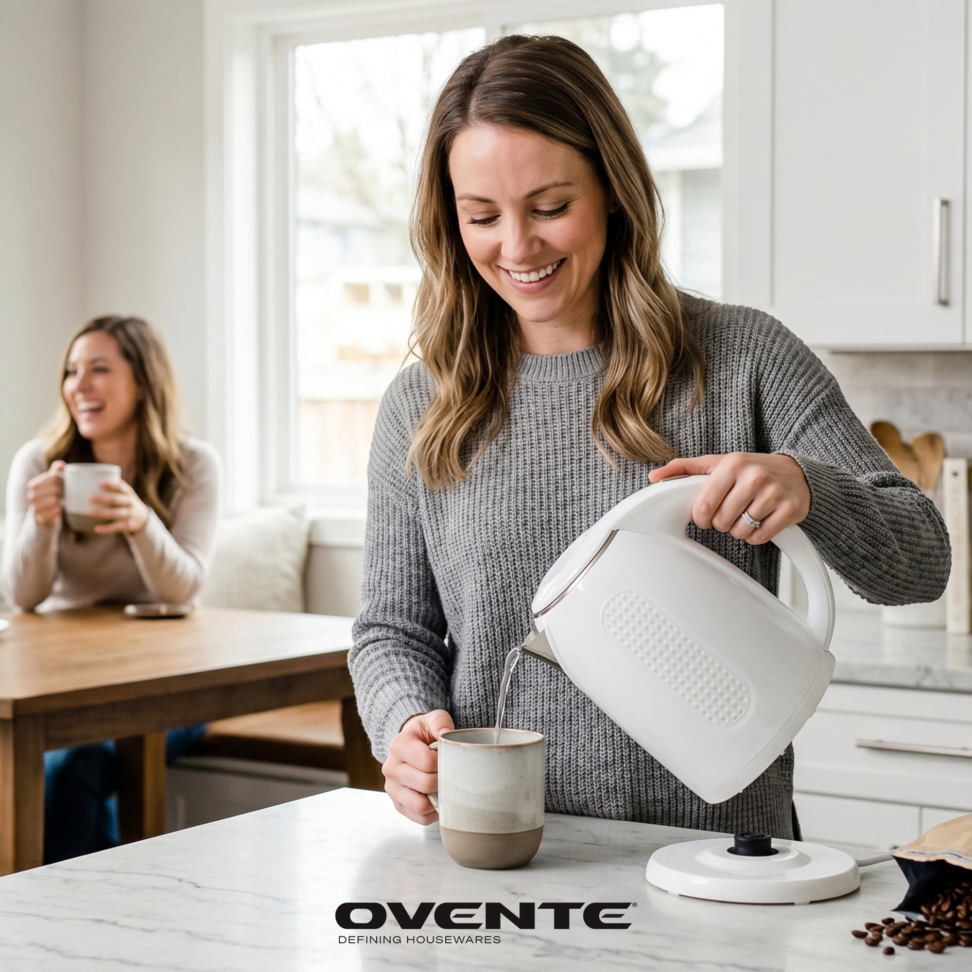 OVENTE 1.7L Double Wall Electric Tea Kettle, 1100W Water Boiler and Heater with Cool-Touch Exterior, Stainless Steel Insulated Interior, Auto Shut-Off, Boil-Dry Protection & Locking Lid, White KD64W