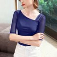 thumbnail image 6 of Lenpel Women's Mesh Tops Half Sleeve Asymmetrical Neck Patchwork Slim T-Shirts Tight Casual Tee Shirts Going out Blouses(Blue,3X-Large), 6 of 6