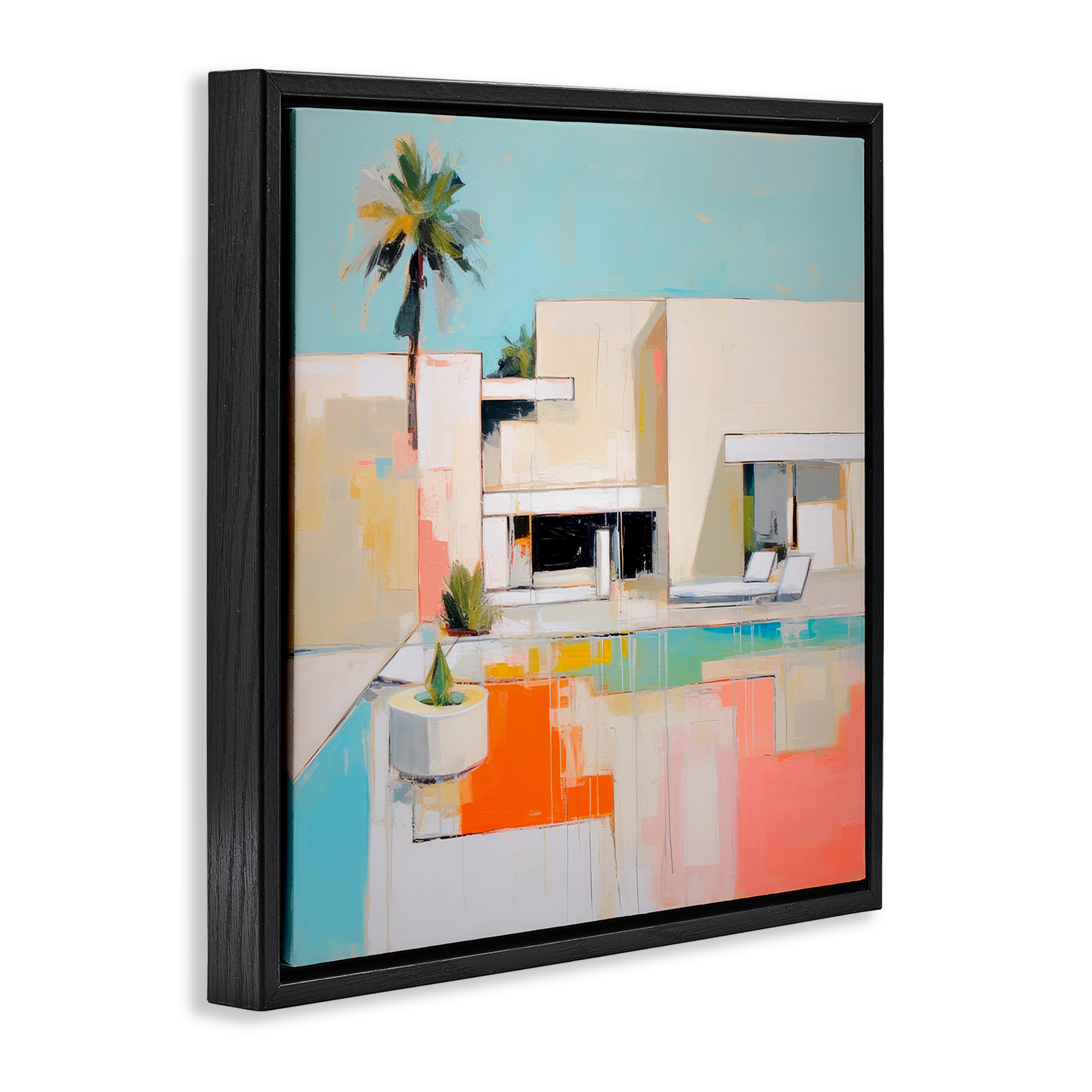 Stupell Industries Modern Tropical Villa Town & City Painting Black Floater Framed Canvas Art Print Wall Art, 18 x 18