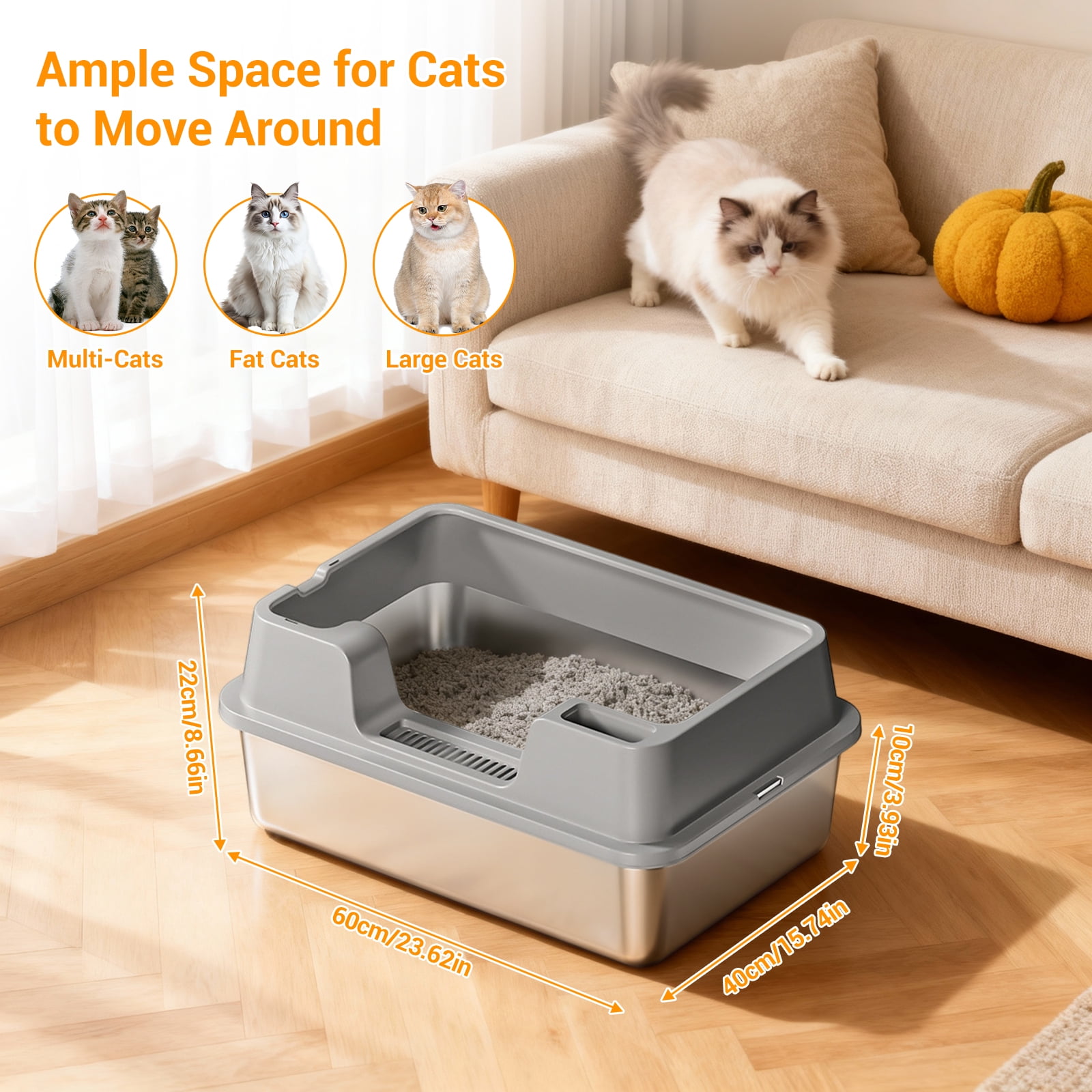 Stainless Steel Litter Box,Enclosed Cat Litter Box with Lid, High‑Sided Anti‑Urine Leakage Design for Large Cats & Multi‑Cat Households, Includes Scoop & Scoop Holder, Easy to Clean