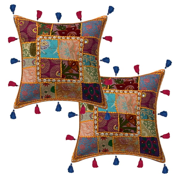 Stylo Culture Indian Chair Seat Throw Pillow Covers Patchwork 16 x 16 Embroidered Cowrie Mango Yellow Hippie 40 x 40 cm Lounge Decor Cotton Sea Shell Tassels Square Cushion Covers | Set Of 2