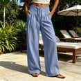 thumbnail image 2 of Women's Cotton Blend Straight Leg Pants with Pockets, Mid Elastic Waist, Soft Loose Fit, Casual Business Beach, Cropped Pants | VerBelle,Blue 2XL, 2 of 7