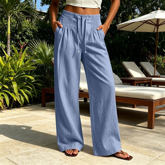 Women's Straight Leg Pants Baeitkot Women's Fashion Solid Color Elastic Waist Casual Button Pocket Straight Leg Pants Blue XL