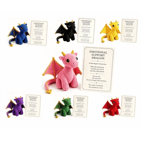 5.9 x 3.1Inch Emotional Support Dragon Pocket Buddy, Hand Sewn Crochet Dragon Plush Keepsake with Uplifting Message Card, Mental Calming Office Decor, One-of-a-Kind Whimsical Present for Collectors