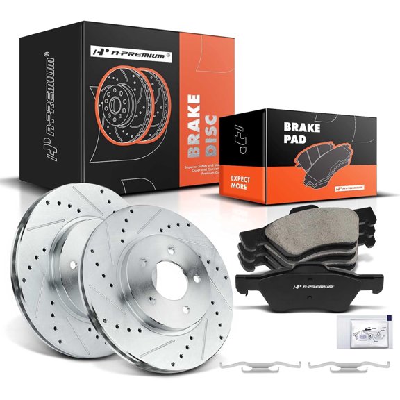 A-Premium 11.92 inch (302.8mm) Front Drilled and Slotted Disc Brake Rotors   Ceramic Pads Kit Compatible with Select Ford Mazda and Mercury Models - Escape 2005-2010/2012 Mariner 2005-2010 Tribute