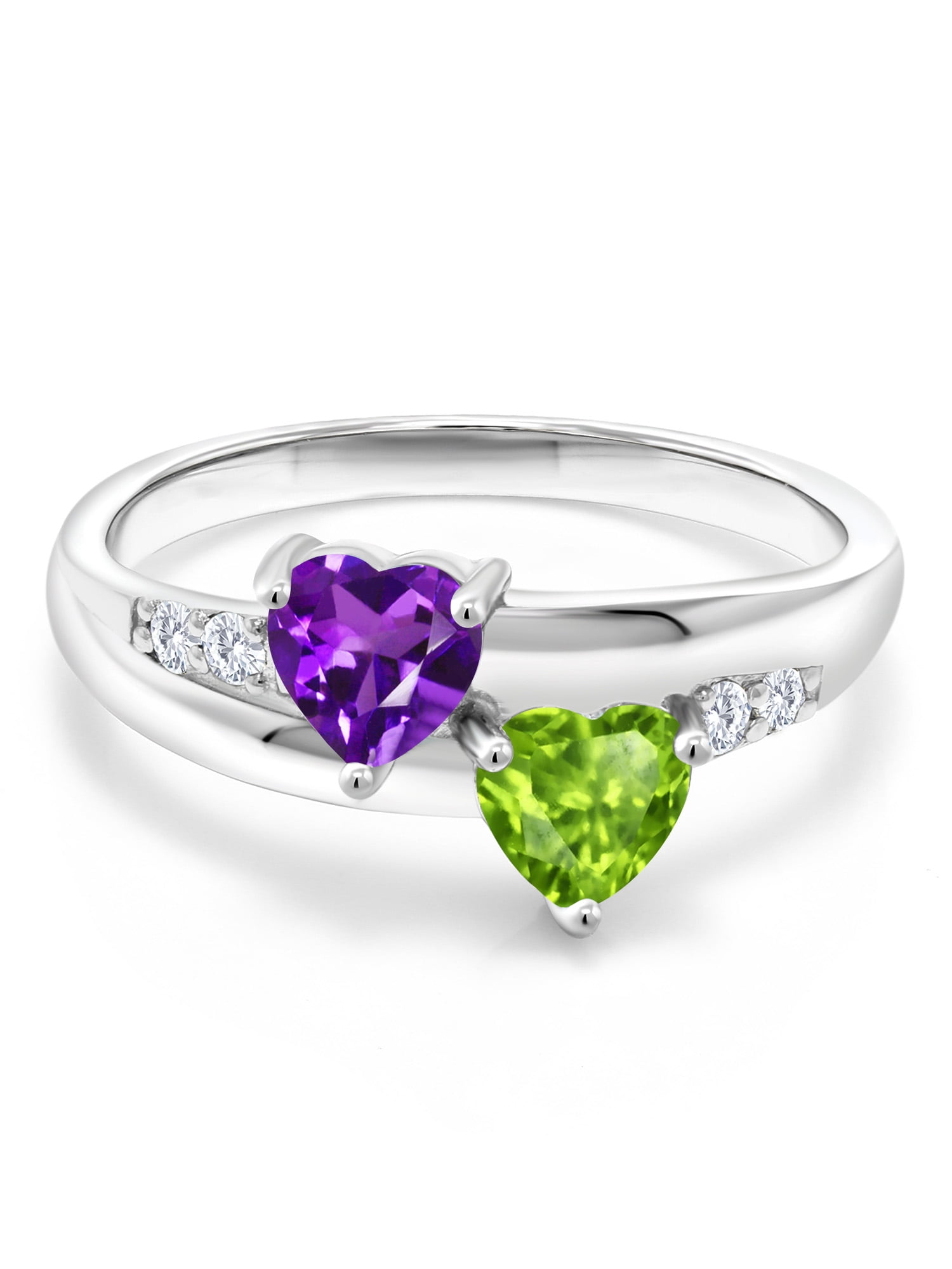 Gem Stone King 0.98 Ct Heart Shape Purple Amethyst Green Peridot 925  Sterling Silver Lab Grown Diamond Ring