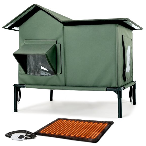 YUWENUS Heated Cat House with Heated Pad and Escape Door for Outdoor Weatherproof Cat Shelter Insulated Outdoor Cat House,Green,Small