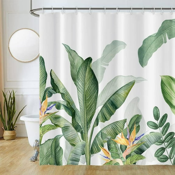 Nature Plants Shower Curtain Tropical Green Banana Leaves Wild Floral Botanical Spring Scenery for Bathroom Shower Curtain Machine Washable Durable Fabric Set with Hooks, 72x72 Inch