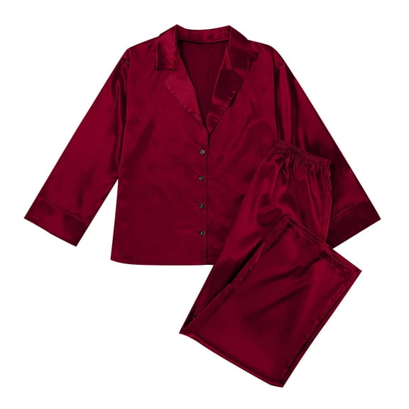 Yuzhih Satin Pajama Sets for Women Long Sleeve Lapel V Neck Shirt and Pants 2 Piece Pjs Button Loungewear Sets