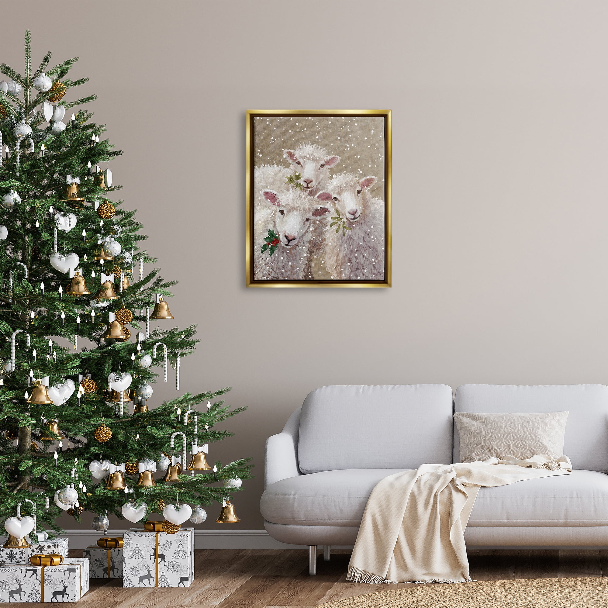 Stupell Industries Winter Sheep Trio Farm Animals Holiday Painting Gold Floater Framed Art Print Wall Art