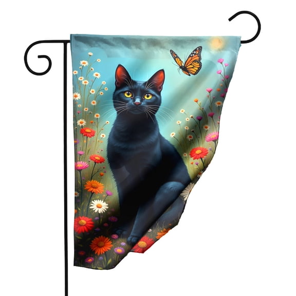 Black Cat Garden Flag 12.5x18 Inch Double Sided Polyester Decorative Yard Flag with Floral Butterfly Design for Outdoor Home Garden Decor Spring Summer Seasonal Housewarming Gift#25951