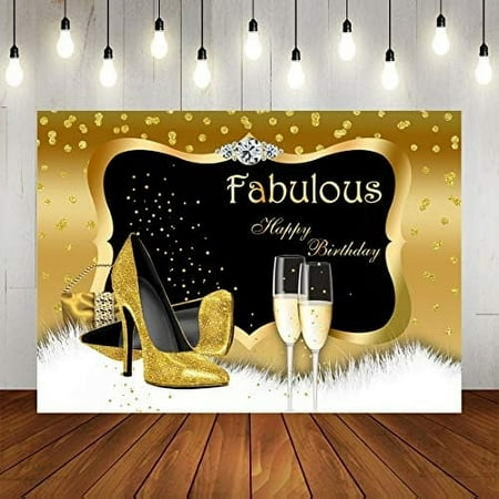 Image of Golden Birthday Party Photo Backdrop for Adults Women Fabulous Happy Birthday Photography Background Shiny Diamond Dots High Heels Champagnes Party Decorations Supplies Banner Photo Booth