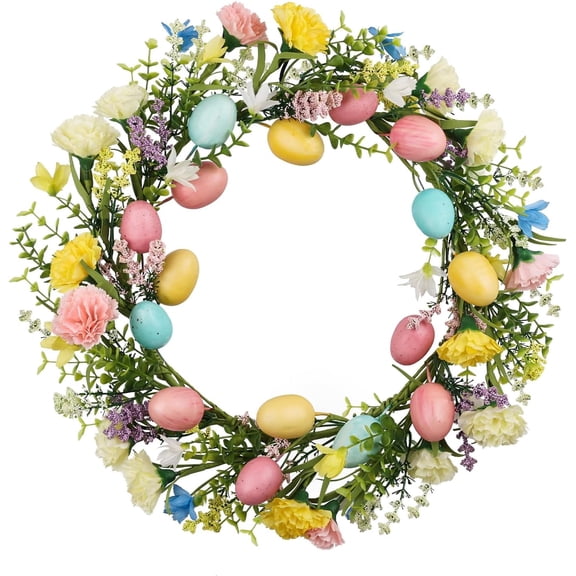 Guvpev 16" Artificial Easter Wreath for Front Door, Handmade Spring Door Wreath with Pastel Egg, Spring Flowers & Eucalyptus Greenery Wreaths, Indoor Outdoor Holiday Spring Decor