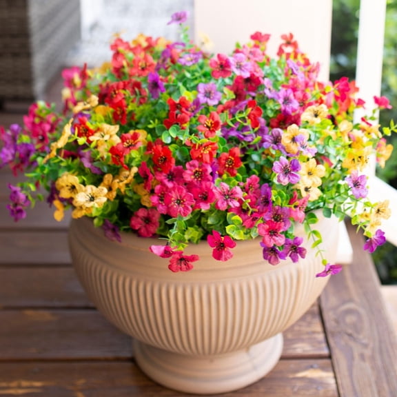 HAWEE Artificial Faux Plants Flowers Outdoor Spring Decoration, 12 Bundles Fake Silk Colorful Daisy Eucalyptus Realistic UV Resistant for Outside Home Planter Porch Patio Window Yard Decor