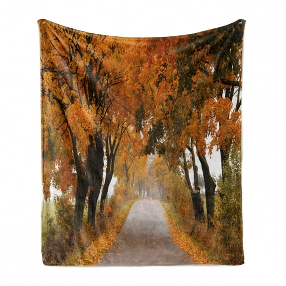 Fall Soft Flannel Fleece Throw Blanket, Fall Season in Poland Road with Colorful Vibrant Maple Trees Serenity Theme, Cozy Plush for Indoor and Outdoor Use, 50" x 70", Orange Brown Green, by Ambesonne