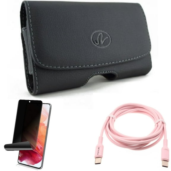 Privacy Screen Protector w Case Belt Clip w Pink 6ft Long Cable for Samsung Galaxy S21 Plus - TPU Film Fingerprint Works, Leather Swivel, USB-C to Type-C PD Fast Charger Accessory Bundle