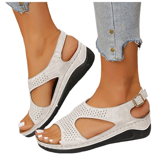 Womens Sandals Open Toe Hollow out Low Wedge Antislip Comfortable Footbed Slingback Orthopedic Walking Shoes White Size 7